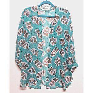 VTG Electre PARIS Duster Top One Size Turquoise Playing cards print Open front